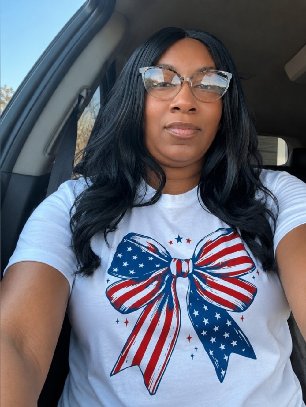 Women’s White Tee with Patriotic Red & Blue Bow Graphic